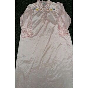 Vintage M Saybury Nightgown Pink Satin Floral Embroidered Gown Long Sleeves